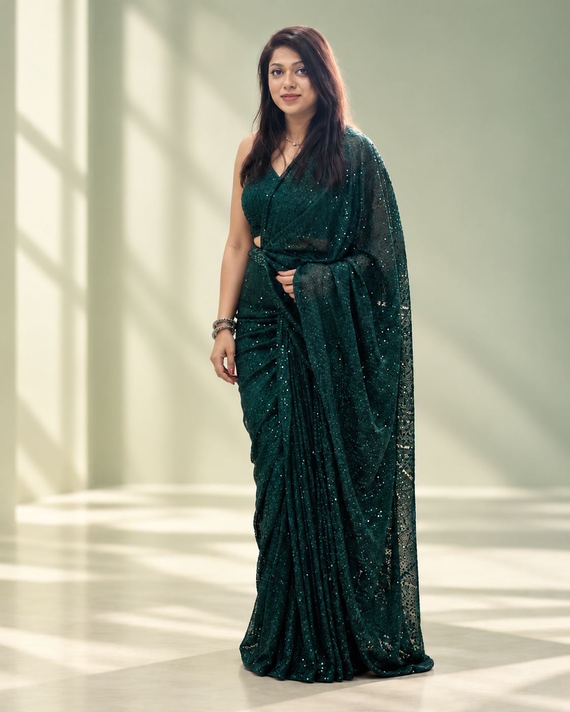 Emerald Glow Pre-Draped Saree